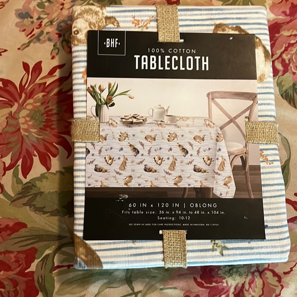 BUNNY HILL FARMS BHL Tablecloth Oblong 60" x 120'  Cotton Bunny Stripe Print NEW - Picture 3 of 11